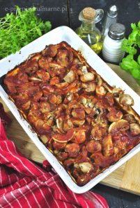 Schab zapiekany z pieczarkami i cebulą