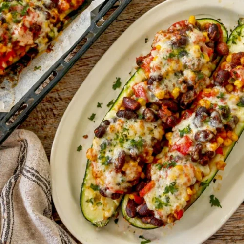 Cukinia faszerowana z fasolą i kukurydzą – ten farsz robi całą robotę. Prosty obiad z piekarnika
